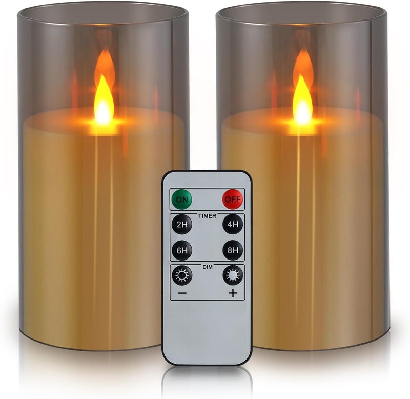 wemarry Flameless Candles 4" 5" 6" Set of 2 Acrylic Glass Pillars 3" Diameter Battery Operated Flickering Candles Include 8-Key Remote with Timer Function 400+ Hours (Gray, 2 Pack) - Image 1